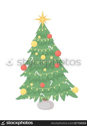 Christmas tree with star topper semi flat color vector object. Editable element. Full sized item on white. Festive decorating simple cartoon style illustration for web graphic design and animation. Christmas tree with star topper semi flat color vector object