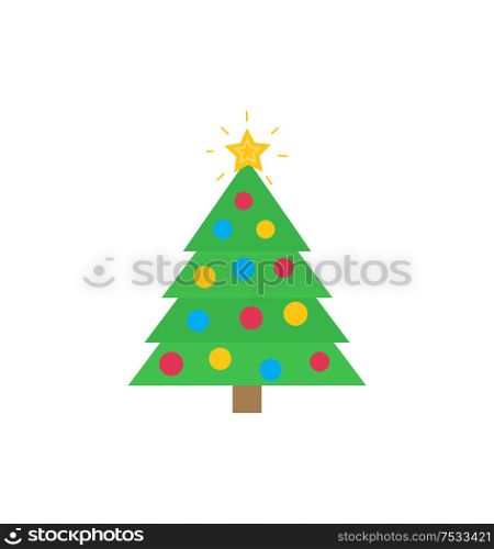 Christmas tree with traditional decorations star, bauble. Vector flat cartoon clipart or illustration of ritually used Xmas plants like pine, spruce. Christmas Tree with Traditional Decorations Star
