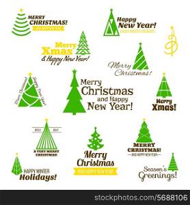 Christmas tree xmas celebration holiday stamps set isolated vector illustration