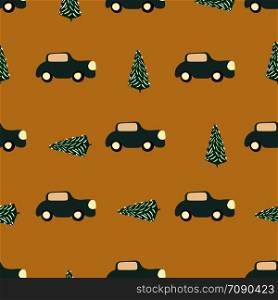 Christmas trees and grey cars seamless pattern on mustard background. Flat style illustration. Greeting card, poster, design element. . Christmas trees and grey cars seamless pattern on mustard background