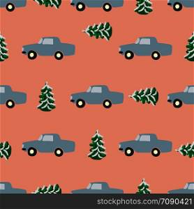Christmas trees and grey cars seamless pattern on pink background. Flat style illustration. Greeting card, poster, design element. . Christmas trees and grey cars seamless pattern on pink background