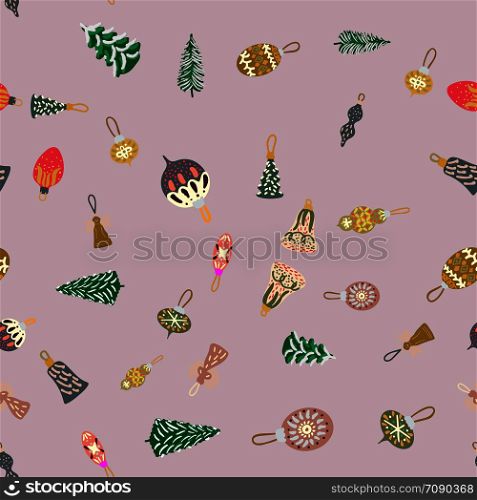 Christmas trees and toys seamless pattern on pink background. Flat style illustration. Greeting card, poster, design element. . Christmas trees and toys seamless pattern on pink background