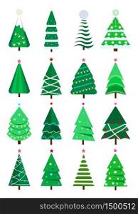 Christmas trees collection of flat vector. New Years and xmas tree icon with garlands, light bulb, star, snowflakes. It can be used for printed materials, posters, business cards.. Christmas trees collection of flat vector. New Years and xmas tree icon with garlands, light bulb, star, snowflakes.