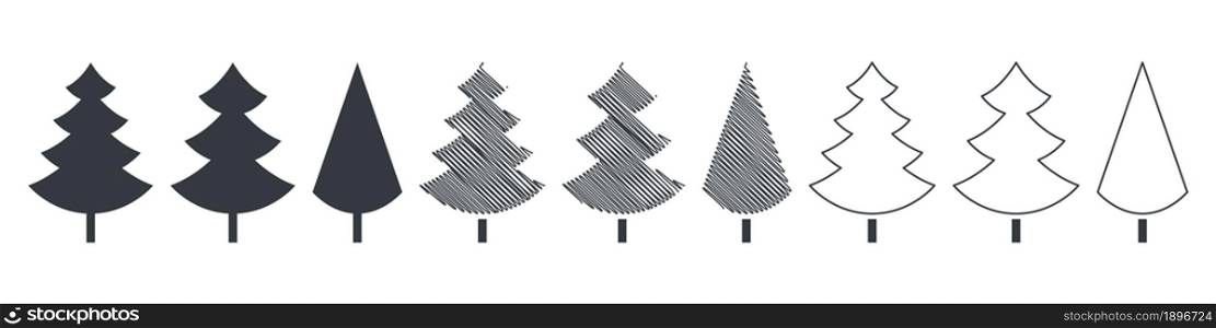 Christmas Trees. Elements for Christmas design. Christmas trees of different shapes and styles. Vector illustration