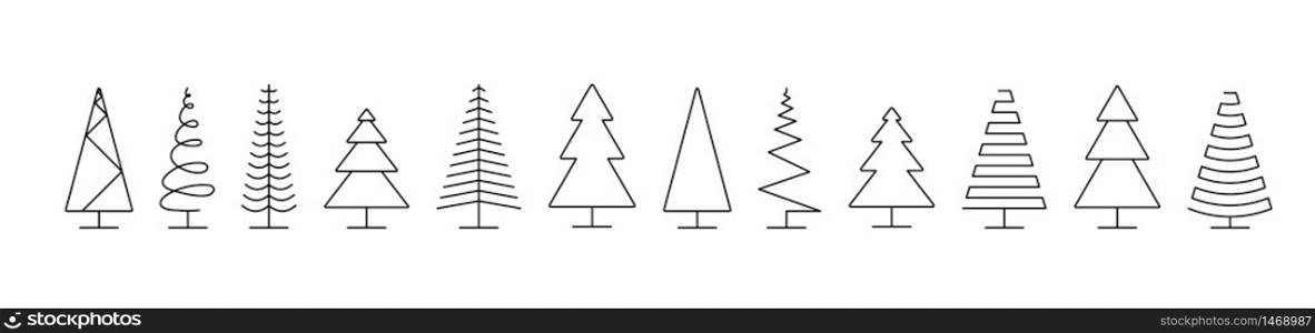 Christmas trees icons. Trees icons in a row, isolated on white background. Panorama view. Christmas tree in line flat design. Eps10