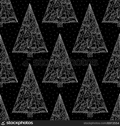 Christmas trees pattern. Stylish abstract Xmas night seamless background. Winter holidays vector texture for wallpaper, wrapping paper, textile design, surface, fabric.. Christmas trees pattern. Stylish abstract Xmas night seamless background. Winter holidays vector texture for wallpaper, wrapping paper, textile design, surface, fabric. Black and white colors.