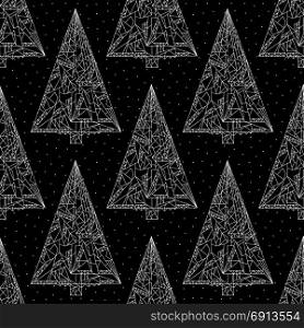 Christmas trees pattern. Stylish abstract Xmas night seamless background. Winter holidays vector texture for wallpaper, wrapping paper, textile design, surface, fabric.. Christmas trees pattern. Stylish abstract Xmas night seamless background. Winter holidays vector texture for wallpaper, wrapping paper, textile design, surface, fabric. Black and white colors.