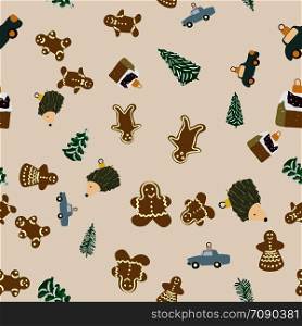 Christmas trees, toys and decoration seamless pattern on beige background. Flat style illustration. Greeting card, poster, design element. . Christmas trees, toys and decoration seamless pattern on beige background
