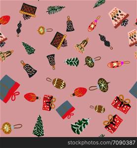 Christmas trees, toys and decoration seamless pattern on pink background. Greeting card, poster, design element. . Christmas trees, toys and decoration seamless pattern on pink background