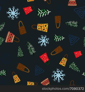 Christmas trees, toys and gifts seamless pattern on dark grey background. Flat style illustration. Greeting card, poster, design element. . Christmas trees, toys and gifts seamless pattern on dark grey background