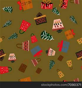 Christmas trees, toys and gifts seamless pattern on mustard background. Flat style illustration. Greeting card, poster, design element. . Christmas trees, toys and gifts seamless pattern on mustard background