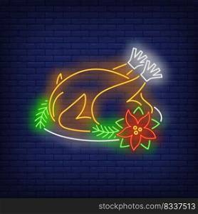Christmas turkey in neon style. Glowing neon poultry, poinsettia. New year, Christmas, winter. Vector illustration in neon style for greeting card, invitation, announcement