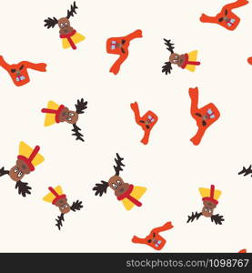 Christmas ugly sweater seamless pattern. Festive reindeer wear red scarf and yellow jumper. Holiday design, winter knitted woolen clothes. Colorful vector illustration in flat cartoon style.. Christmas ugly sweater seamless pattern. Festive reindeer