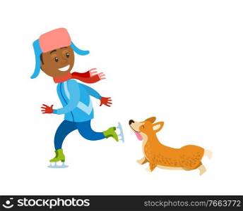 Christmas vacations, winter holidays of boy kid vector. Male person skating on ice rink, dog pet following owner. Canine animal with fur with child. Christmas Vacations, Winter Holidays of Boy Kid