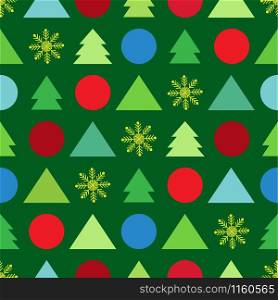 Christmas vector abstract seamless pattern. Consists of Christmas trees, geometric forms and snowflakes. Dark green background