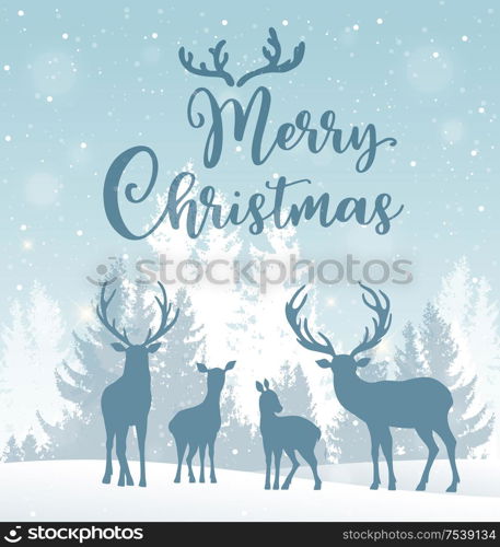 Christmas vector background with deer and winter snowy landscape. New Year greeting card. Merry Christmas lettering