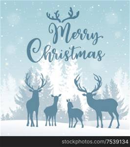 Christmas vector background with deer and winter snowy landscape. New Year greeting card. Merry Christmas lettering
