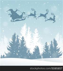Christmas vector background with Santa Claus and winter snowy landscape. New Year greeting card