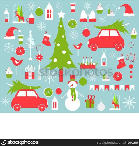 Christmas vector background with snowman, cars and Christmas tree.. Christmas vector background