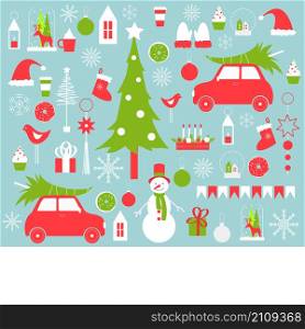Christmas vector background with snowman, cars and Christmas tree.. Christmas vector background