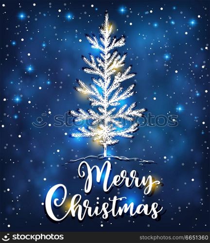 Christmas vector background with white fir tree. New Year greeting card. Merry Christmas lettering