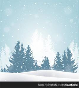 Christmas vector background with winter snowy landscape. New Year greeting card