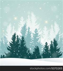 Christmas vector background with winter snowy landscape. New Year greeting card with fir tree.
