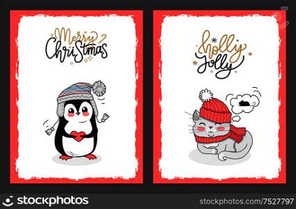 Christmas vector cards with penguin and holly jolly kitty. Merry Christmas greeting card with penguin in the warm hat that holding lovely red heart.. Christmas Cards with Penguin and Holly Jolly Kitty