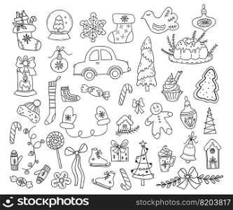 Christmas vector doodles. Set New Years decor, gifts, Christmas sock, car, Christmas tree, garland, mittens, bell, gingerbread, caramel stick, pie and skates. Isolated linear hand drawn.