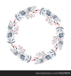 Christmas vector flower wreath and red berries on evergreen branches with place for text. Isolated xmas illustration for greeting card.. Christmas vector flower wreath and red berries on evergreen branches with place for text. Isolated xmas illustration for greeting card