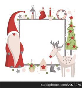Christmas vector frame with Santa Claus and deer on white background. . Christmas frame with Santa Claus.