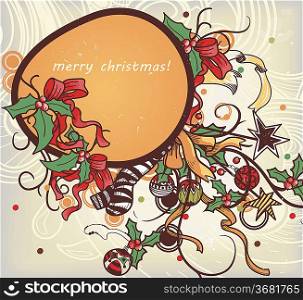 christmas vector frame with sprigs of holly and christmas decoration
