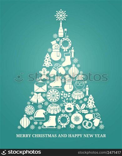 Christmas vector greeting card with a tree composed of a variety of seasonal icons in white silhouette arranged in the shape of a conical tree on blue with text below for Xmas and New Year