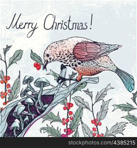 Christmas vector illustration of a bird with holly berries