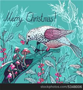 Christmas vector illustration of a bird with holly berries