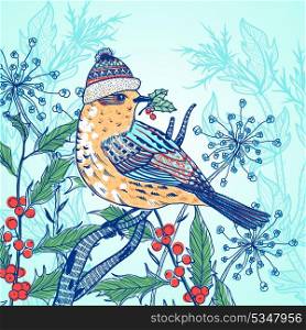 Christmas vector illustration of a bird with red holly berries