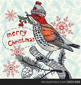 Christmas vector illustration of a colored winter bird