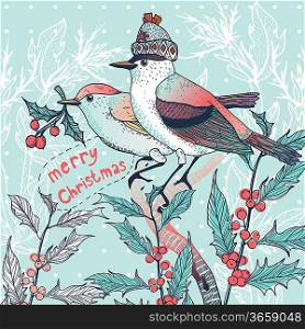 Christmas vector illustration of a couple of winter birds with holly berries
