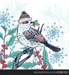 Christmas vector illustration of a cute bird in a knitted winter hat