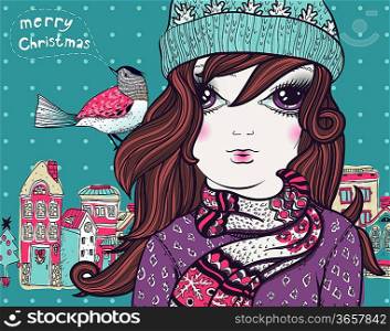 Christmas vector illustration of a pretty girl in winter cloth and a little bird