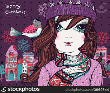Christmas vector illustration of a pretty girl in winter cloth and colored houses