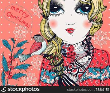 Christmas vector illustration of a pretty girl with a little bird