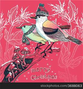 Christmas vector illustration of colored birds in a winter forest