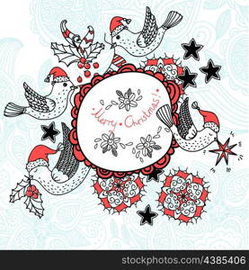 Christmas vector illustration with cute flying birds