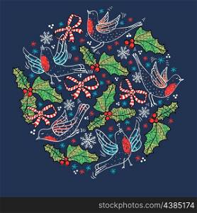 Christmas vector illustration with flying birds and holly berries