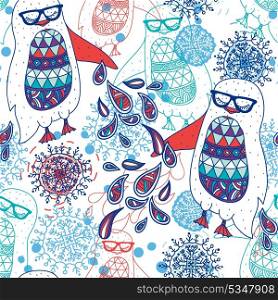 Christmas vector pattern with cute penguins and snowflakes