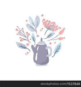Christmas vector plant bouquet with berries, teapot, leaves and branches with place for text. Isolated xmas illustration for winter greeting card.. Christmas vector plant bouquet with berries, teapot, leaves and branches with place for text. Isolated xmas tea illustration for winter greeting card