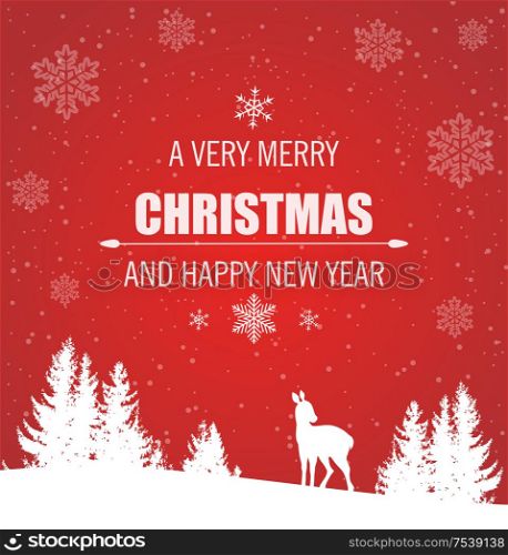 Christmas vector red background with deer and winter snowy landscape. New Year greeting card.