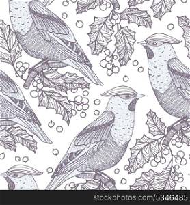Christmas vector seamless pattern with birds and berries