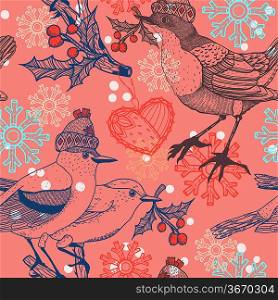 Christmas vector seamless pattern with birds and holly